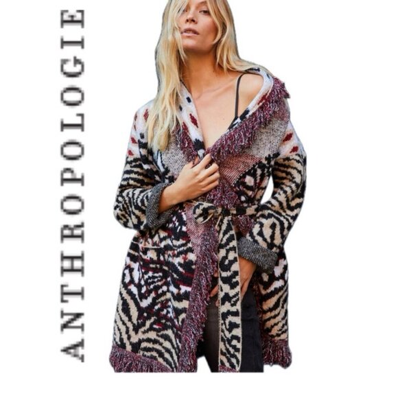 ANTHROPOLOGIE COAT SWEATER  FRINGED  ANIMAL PRINT SZ S PENNY LANE BOHO CHIC - Picture 1 of 16